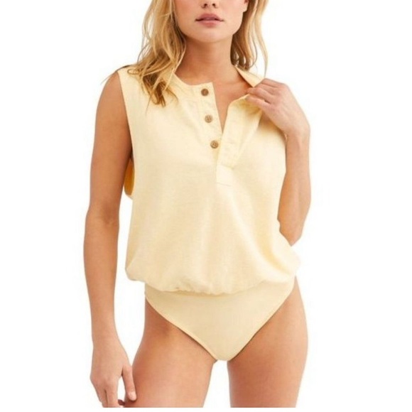 Free People Yellow Waffle Henley Tank Body Suit - Picture 1 of 5